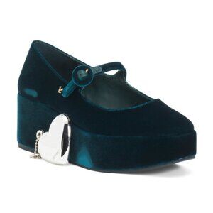 Larroude Dark Teal Velvet Platforms with Silver Charm